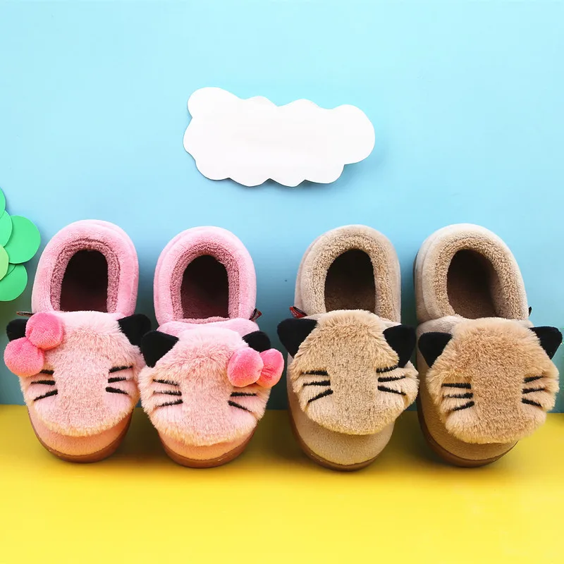 Детские бархатные теплые однотонные короткие зимние ботинки с круглым носком на плоской подошве для мальчиков и девочек; новая зимняя Удобная хлопковая обувь с милым рисунком кота