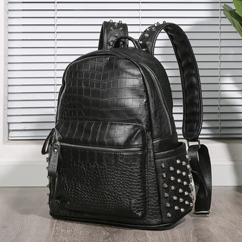 

New Women Texture Crocodile High Quality Small Backpack Large Capacity Genuine Luxury Back Pack Female Studded Shoulder Bag