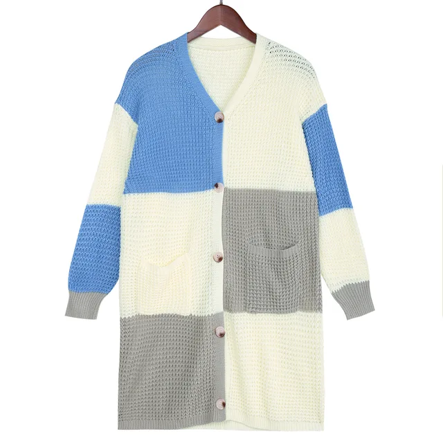 Autumn And Winter Fashion New Cardigan Sweater Women Long Sleeve Pockets Contrast Color Loose Sweater Elegant Single Breasted Blue