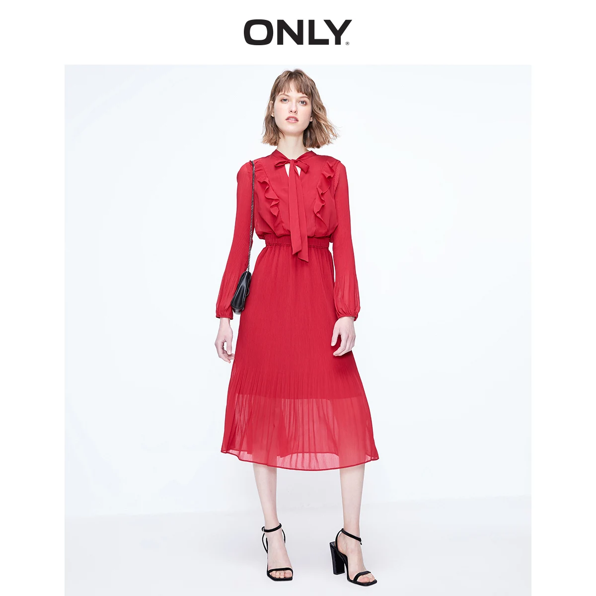 

ONLY 2019 Autumn Platycodon Bowknot Laced Splice Pleated Chiffon Dress | 119207580