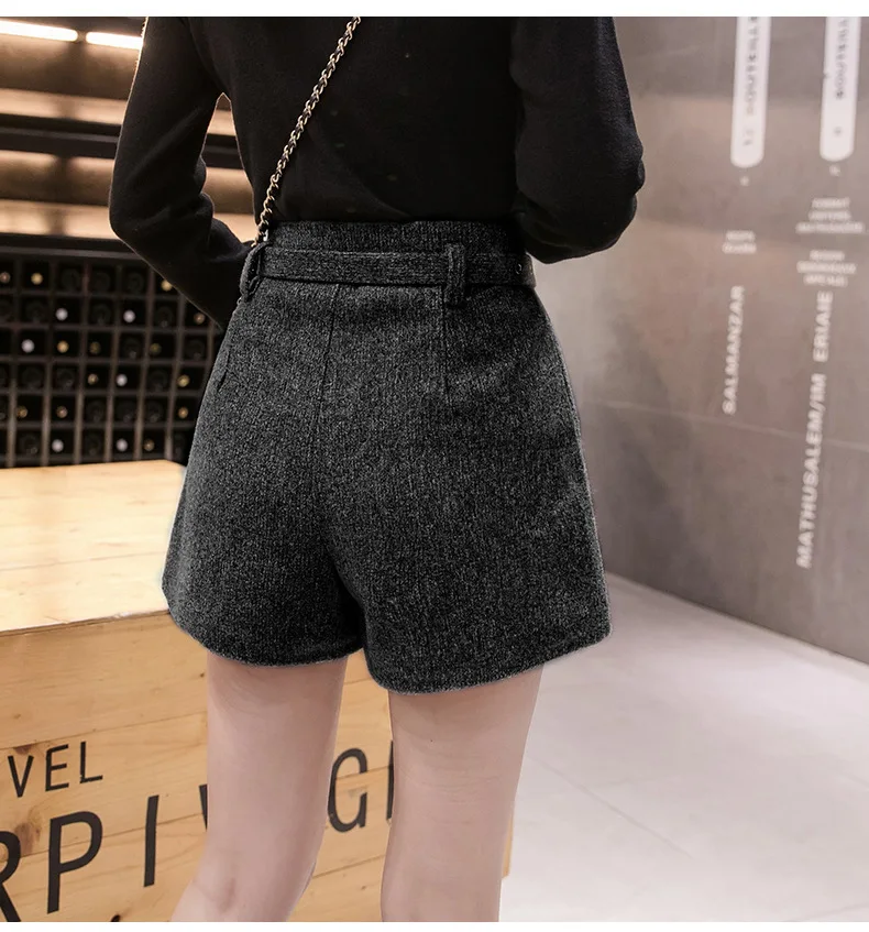New Autumn High Waist Wide Leg Woolen Shorts Women Khaki Gray Black Warm Shorts With Belt A-line Short Femme MT725 khaki shorts