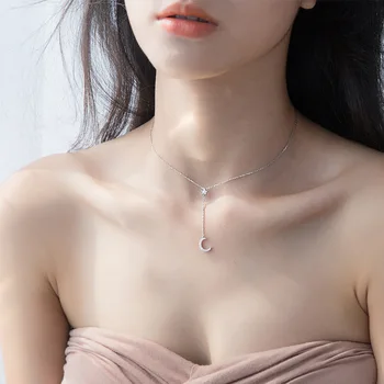 

MloveAcc 100% 925 Sterling Silver Moon & Star Pendant Necklaces Adjustable Choker Chain Clavicle for Women Wedding Jewelry Gift