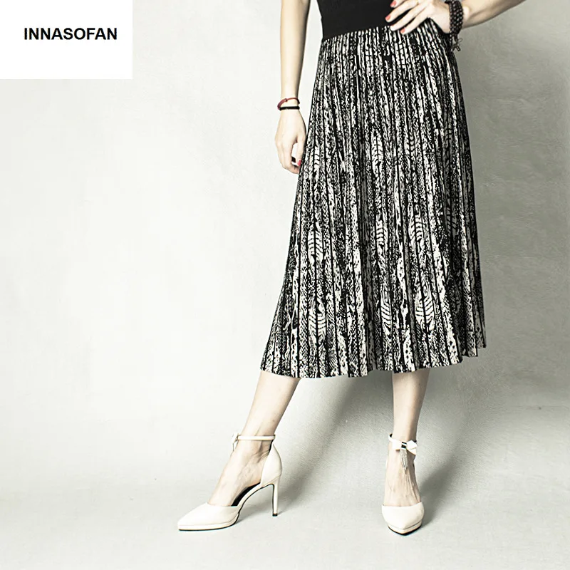 INNASOFAN, теплая трикотажная юбка для женщин, Осень-зима, плиссированная юбка, высокая талия, модная, высокая, шикарная юбка