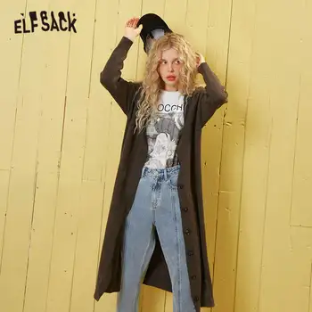 

ELFSACK Black Solid Minimalist Loose Casual Cardigan Women Sweaters 2020 Autumn Brown Pure Single Button Korean Ladies Daily Top