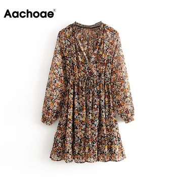

Aachoae Summer Boho Floral Print Dress Women Lantern Long Sleeve Pleated Dresses V Neck Beach Mini Dress Female Roupa Feminina