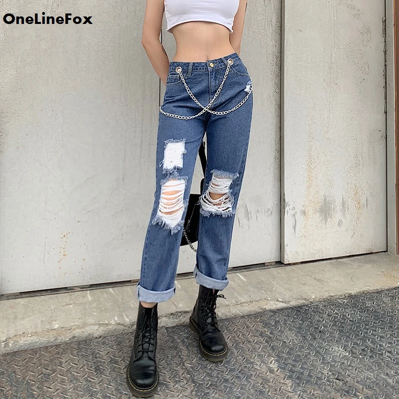 

OneLineFox High Waist Distressed Jeans Pants with Chains Casual Fashion Ripped Denim Long Trousers Streetwear Blue Pants Capris