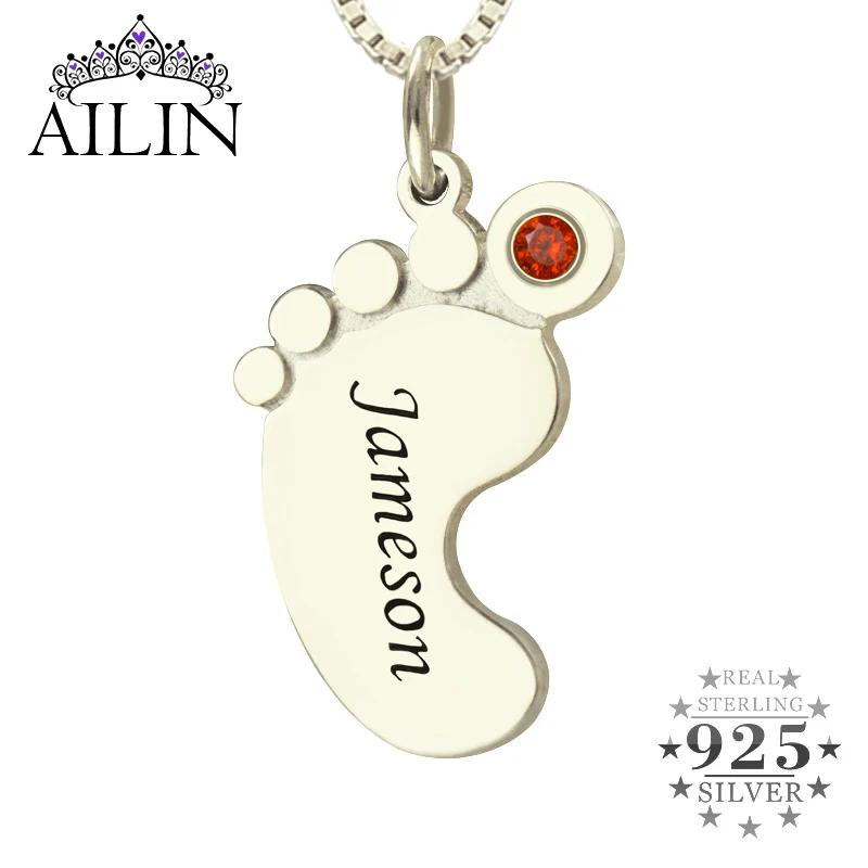 

AILIN 925 Silver Mom Necklace Baby Foot Custom Engraved Name Necklace With Birthstone Personalised Jewelry Gifts For Mother