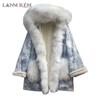 

LANMREM Winter 2020 New Large Size Fashion Fur Hooded Collar Double-pockets Blue Denim Patchwork Thick Overcoat For Women 2A2155