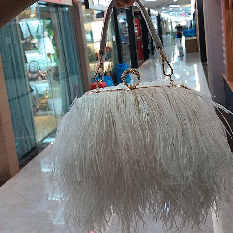 2022 Luxury Ostrich Feather Party Evening Clutch Bag Women Wedding Purses and Handbags Small Shoulder Chain Bag Designer Bag