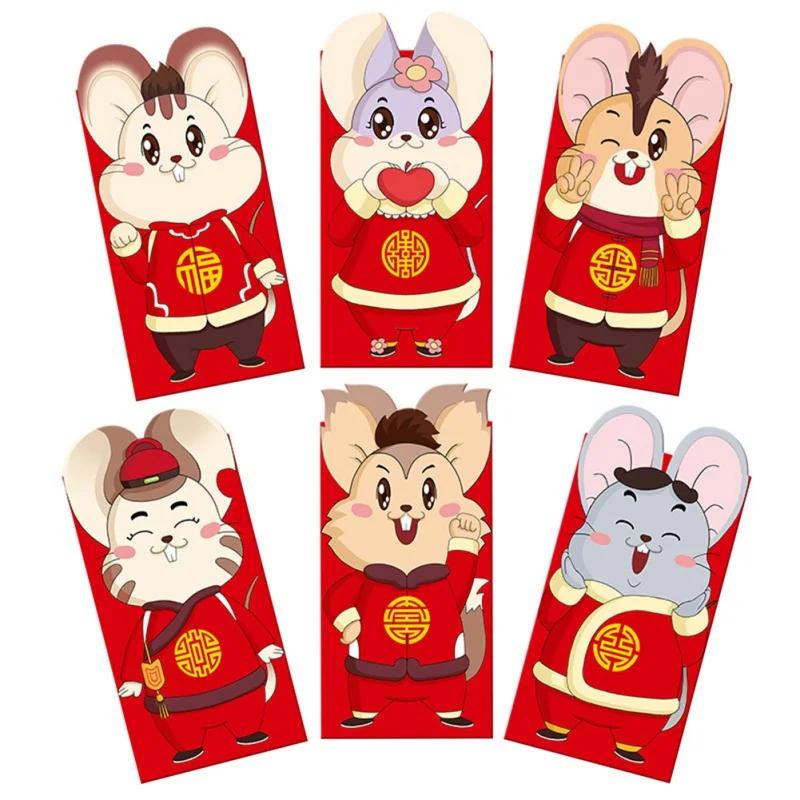 

6 Pcs Chinese 2020 Cute Rat Element Festive Red Envelopes Gift Card Red Money Pockets for Wedding Chinese New Year