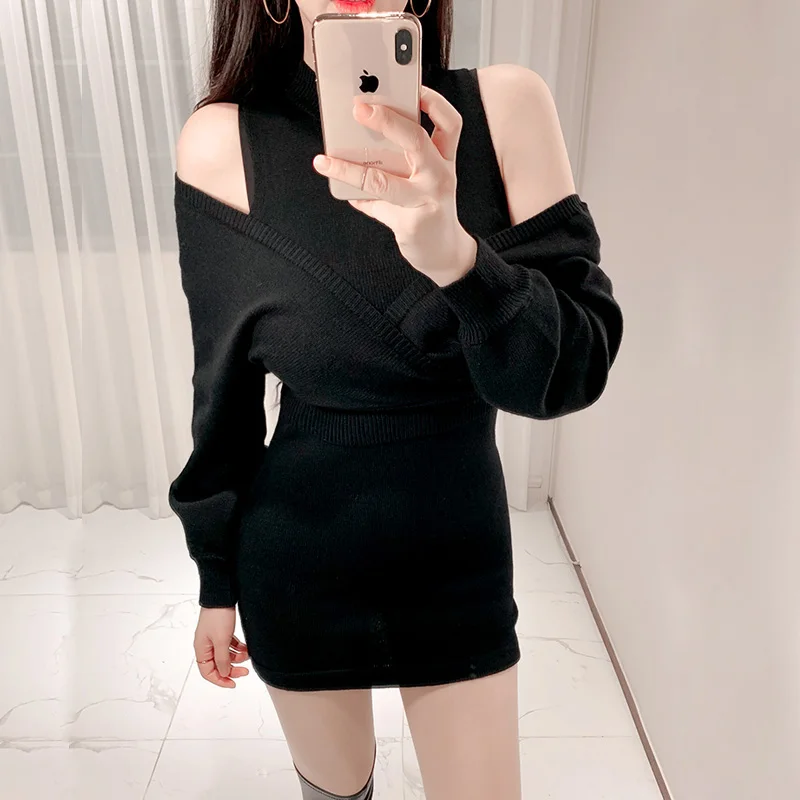 Вязаный свитер, черный комплект из 2 предметов, Осенний Женский пуловер с v-образным вырезом и рукавом летучая мышь, топы+ жилет, платье-карандаш, комплект из двух предметов, вязаный костюм