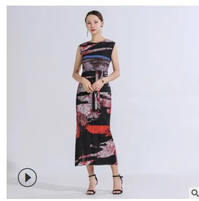 photo color Miyake модное платье с геометрическим принтом без рукавов с круглым вырезом платье доступно трапециевидной формы - Цвет: photo color