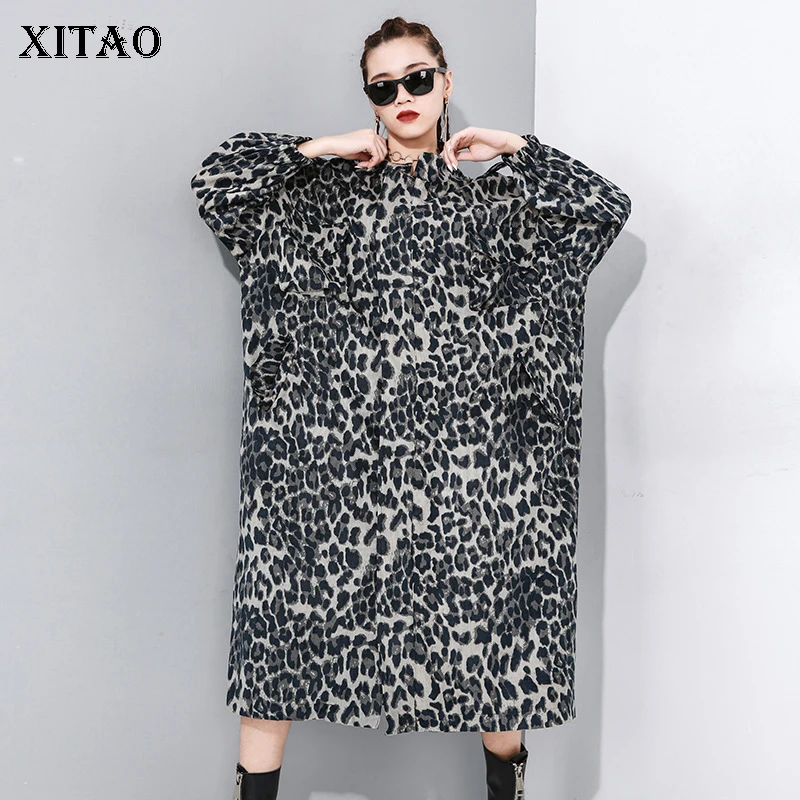 

XITAO Leopard Casual Zippers Wide Waist Style Trench Women 2020 Spring Tide Fashion New Mandarin Collar Long Sleeve WQR2104
