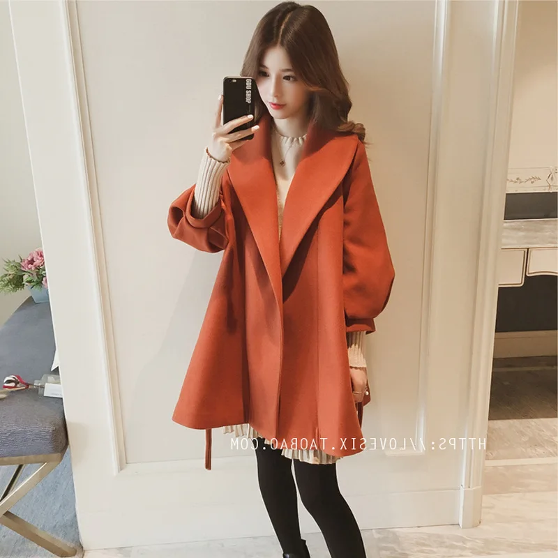 

2018 Autumn & Winter Korean-style off Season Hepburn Wind Mao Duffle Coat Women's Loose-Fit Lantern Sleeve Waist Hugging Cloak W
