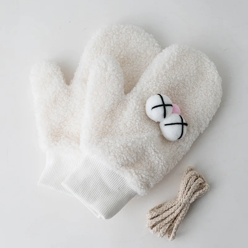 Women Faux Lamb Wool Gloves Winter Spring Warm Kawaii Eye Full Finger Gloves Cute Ladies Girls Solid Outdoor Hanging Gloves