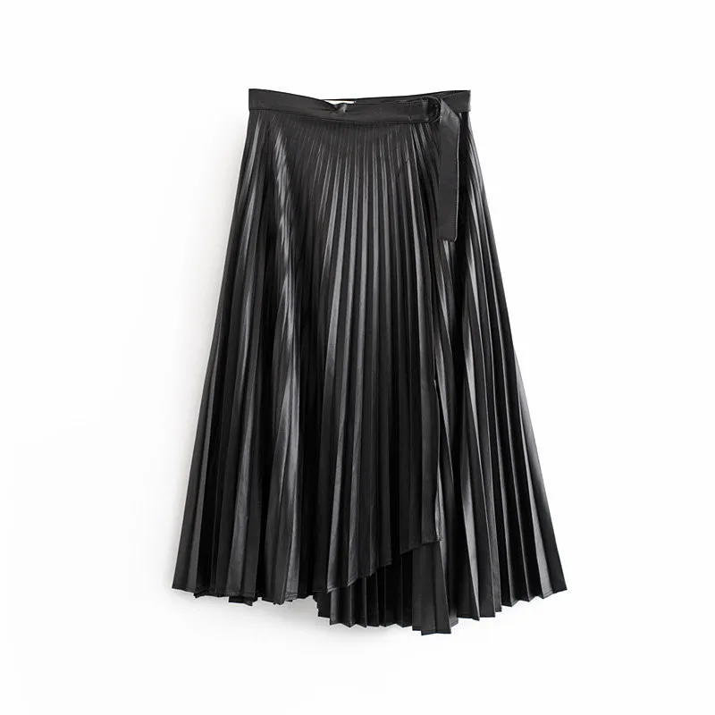 Black Faux Leather Pleated Skirt Streetwear Asymmetrical Midi Shirt With Belt Autumn Winter Vintage Elegant Office Skirt - Цвет: Black