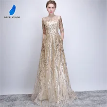DEERVEADO Robe De Soiree, короткие рукава, Длинные вечерние платья с поясом, с блестками, торжественное платье для женщин, Платья для вечеринок YS449