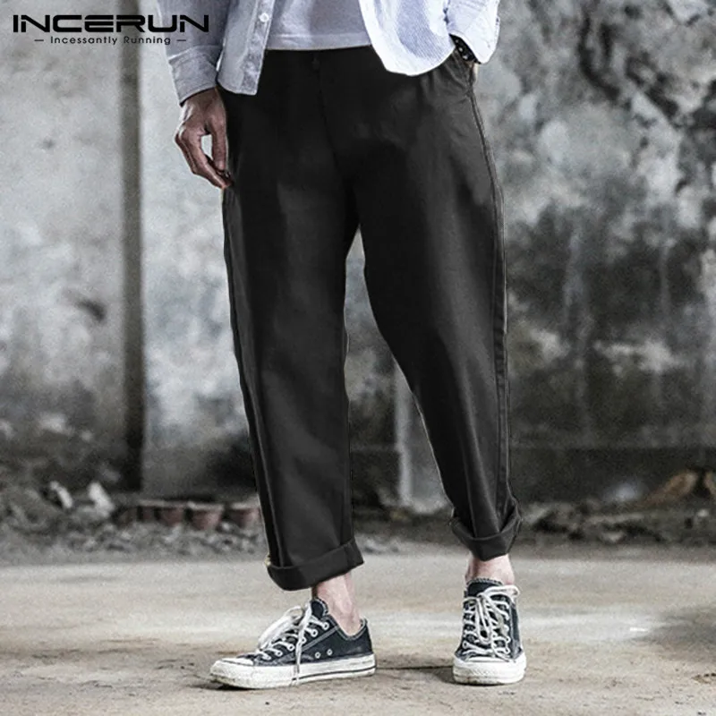 INCERUN Men Casual Pants Elastic Waist Solid Cotton Leisure Streetwear Joggers Classic Trousers Men Fashion Long Pants Plus Size