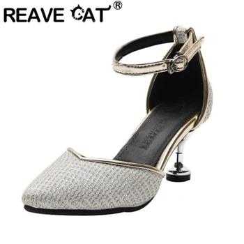 

REAVE CAT Woman Summer Elegant Pumps Pointed Toe 6.5cm Spool Heels One-button buckle Plus size 32-45 Black Casual Party A2893