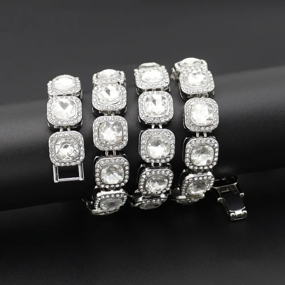 

Men Women Hip hop tennis Chain Necklace Bracelet Silver Color Square stone Hiphop iced out bling Chain Necklaces Hip Hop Jewelry