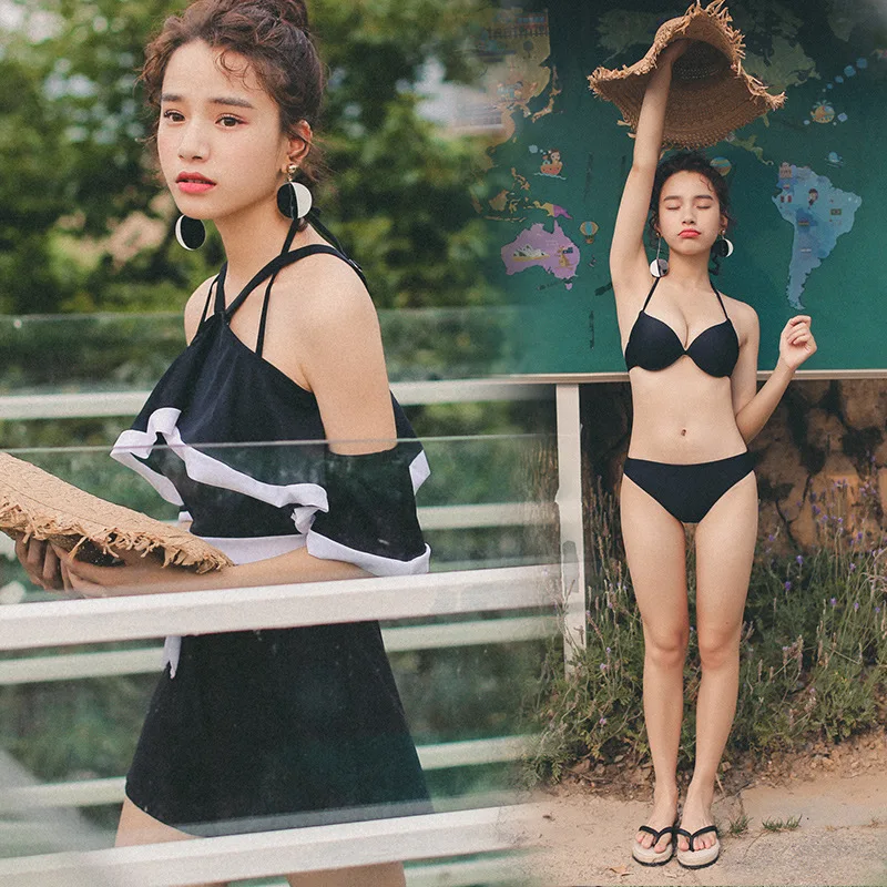

Special Offer Swimsuit Women's Three-piece Set Small Bust Gathering Underwire South Korea Cover Belly Slimming Lotus Leaf Bubble
