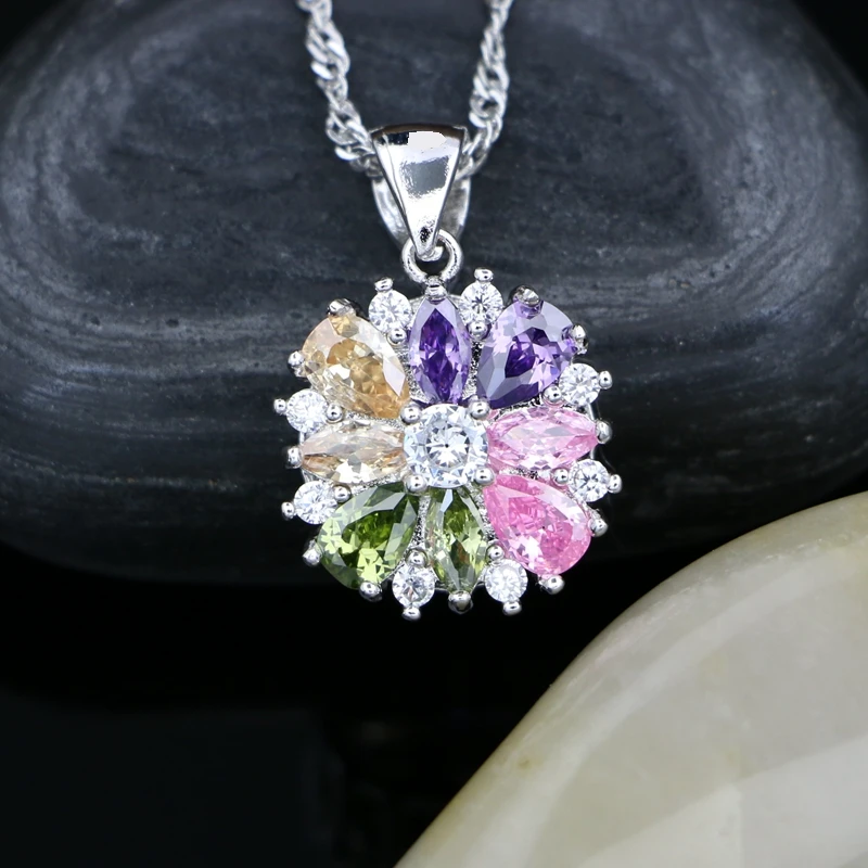 Серебро 925 кулон ожерелье для женщин Многоцветный кубический цирконий белый