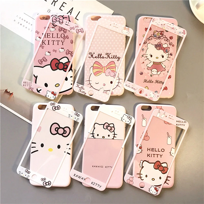 360 Full Cute Cartoon Kitty Cat Soft Back Cover For iPhone XR Caase XS Max X 8 7 6 6s Plus Phone Case+Tempered Glass Front Film | Мобильные