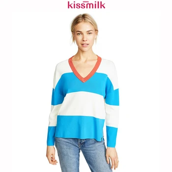 

Kissmilk 2020 Plus Size Plus V-neck Contracted Simple Lovely Girlish Preppy Style Casual Hit-knit Stitching Sweater