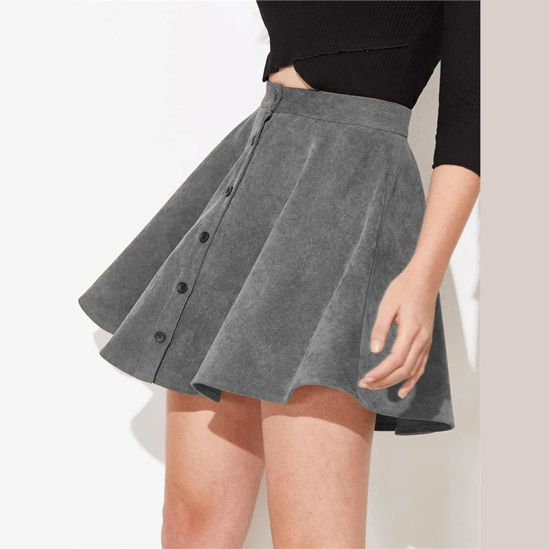Dotfashion, однотонная, на пуговицах, расклешенная юбка, женская,, опрятная, летняя, повседневная, весенняя, Дамская мода, средняя талия, короткая, скейтерская юбка