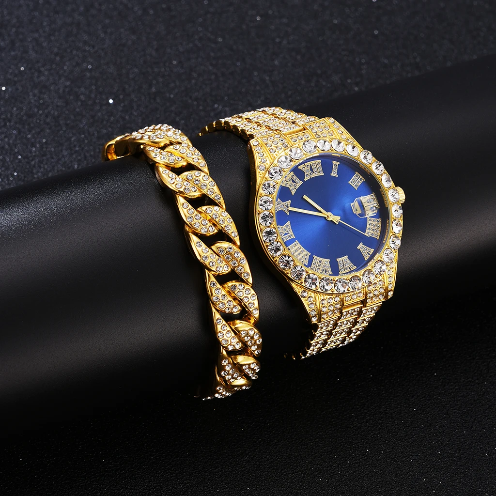 2 Pcs Watch+bracelet Hip Hop Stainless Steel Gold Color Calendar Watch For Men Iced Out Paved Rhinestones Men Watch Reloj Hombre