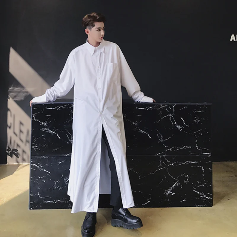 Men's Long Sleeve Shirt Spring And Autumn New Korean Fashion Super Long Personality Bifurcation Design Casual Large Size Shirt