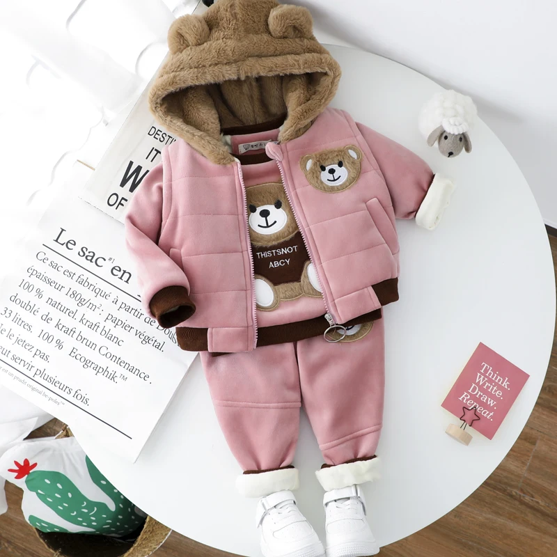 

Kids Toddler Baby Girl Boy Vest Coat Clothes Cartoon Bear Infant Warm Hooded 3PCS 1 2 3 4 Years