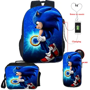 

3 Pcs/set Amine Sonic USB Backpack for Teenagers boys girl School Bag Students back to school Knapsack Boys Travel Rucksack