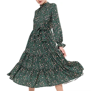 

Fashion Women Green Print Dress with Belt Stand Collar Long Sleeve Ladies Loose Midi Dresses Ruffles Vestidos with Sashes TA0848
