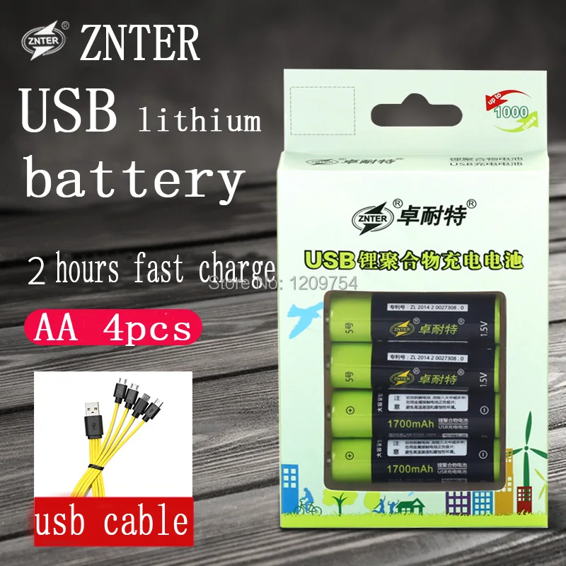 4 шт. ZNTER 2550mwh 1,5 V USB AA 1700mAh литий-полимерный литий-ионный аккумулятор с usb кабелем