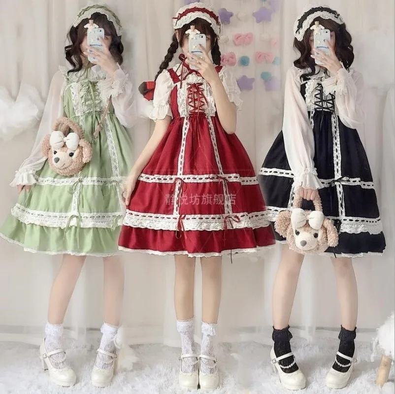 Японское платье сладкой Лолиты винтажное кружевное с бантом и перекрестными
