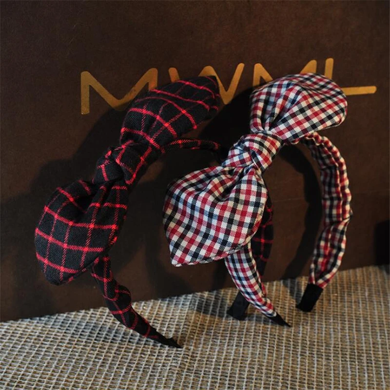 

New Women and Girls British style checkered cloth hair bands Rabbit Ear Big Bow Headband Hairband birthday gift Hair Accessories