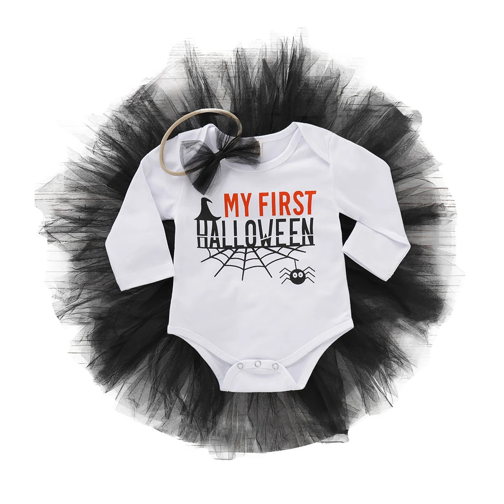 Emmababy, 3 предмета, Одежда для новорожденных девочек комбинезон с длинными рукавами и буквенным принтом+ юбка-пачка+ повязка на голову, комплект осенней одежды