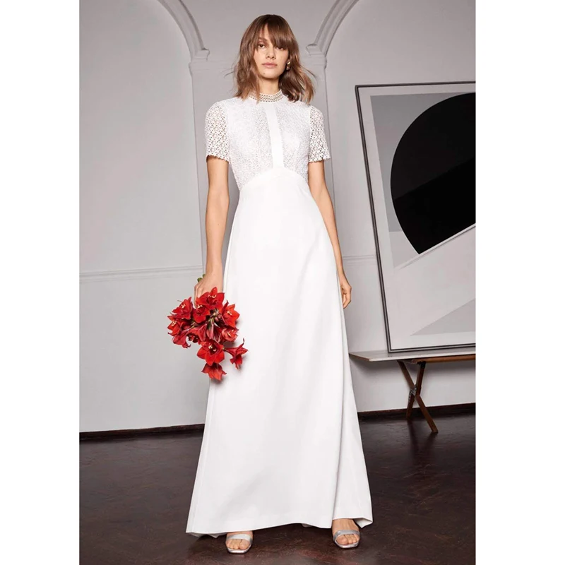 crochet flower white elegant classic dresses long dress for wedding party see through high collar fit and flare dress