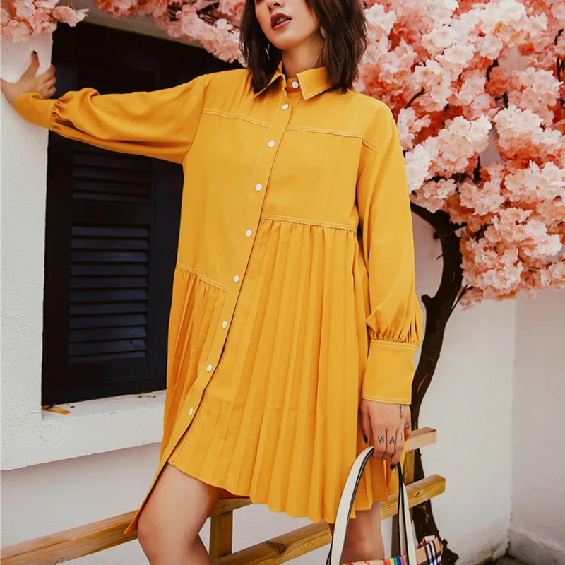 LANMREM Solid Color Lapel Long Sleeve Stitching Pleats Irregular Woman Dress Sweet Casual Simple Fashion Spring New TV539