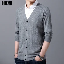 6% Шерсть модный брендовый свитер, мужской кардиган вязаные Джемперы жаккардовый зимний v-образный вырез корейский стиль приталенная повседневная мужская одежда