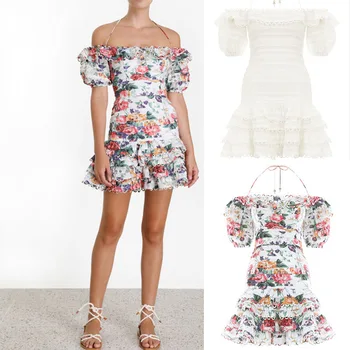 

2020 Woman Summer Designer Mini Dress High Waist Slash Neck Ruffles Hollow Out Halter Mini Dress Beach Party Dress Vestidos