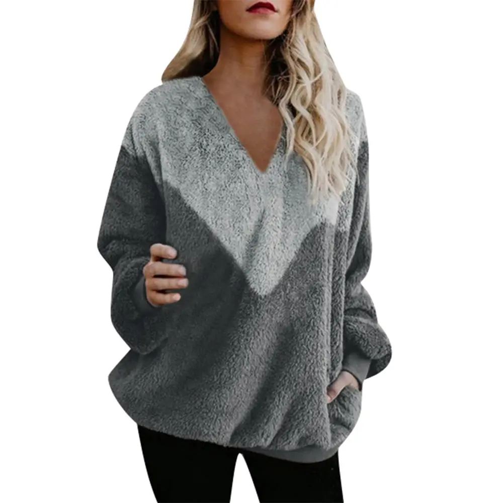 V-neck gray Осень шерпа флисовый свитер Пушистый Тонкий флисовый пуловер две версии v-образным вырезом o-образным вырезом многоцветная уличная одежда свитера - Цвет: V-neck gray