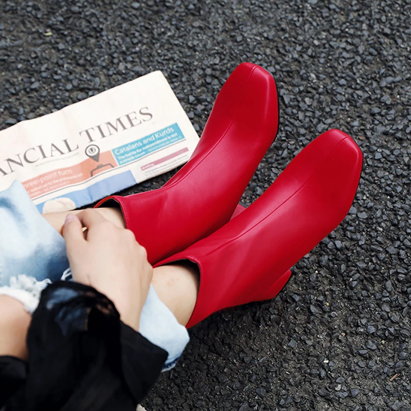 Rimocy/Новинка года; Лидер продаж; серебристые женские ботильоны на квадратном каблуке; однотонная обувь из искусственной кожи; Botas Mujer; теплая плюшевая женская обувь; большие размеры