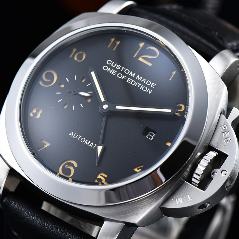 

GMT Watch Men 44mm Seagull Automatic Mechanical Power Reserve Stainless Steel Luminous Waterproof Leather Strap Date Watch