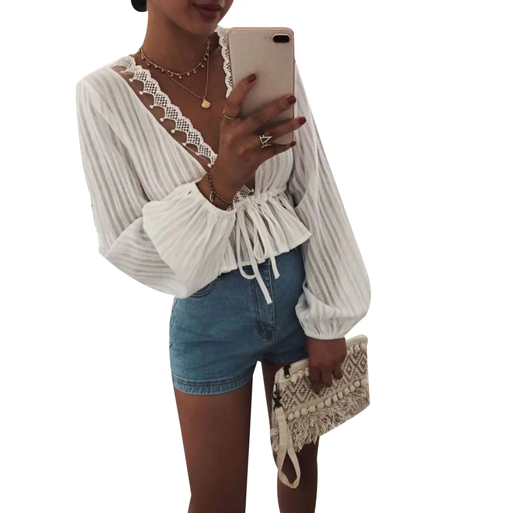 

2019 Retro Blouse Women White Boho Office Casual Balloon Long Sleeve V-Neck Tops Sexy Loose ruffles crop Plus Size streetwear