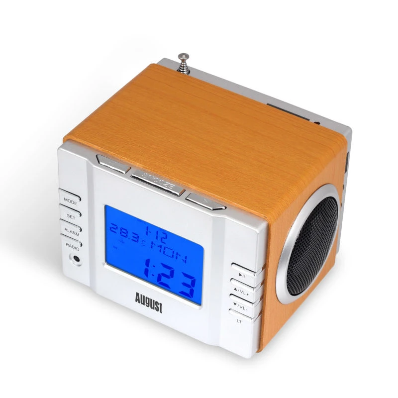 August MB300 деревянная мини стереосистема MP3 и FM радиочасы с SD картридером разъемами