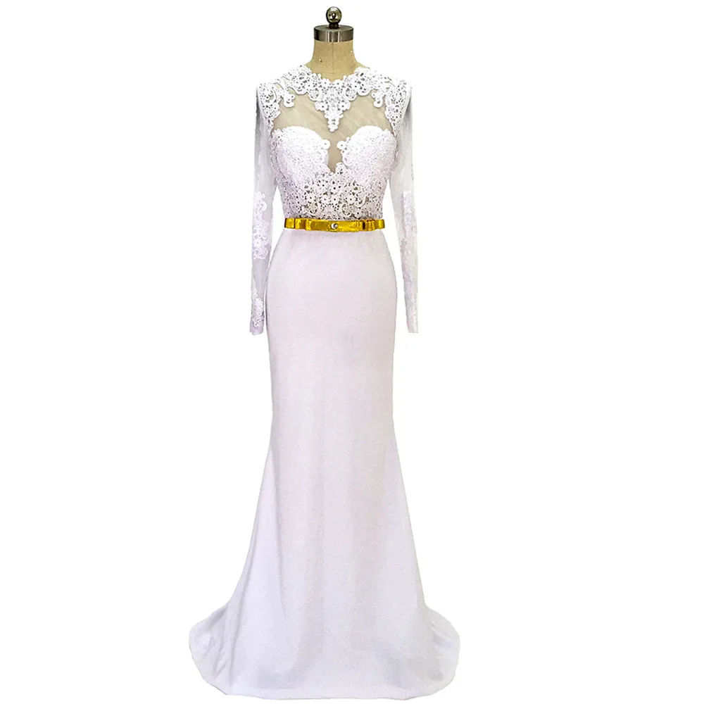 

Satin Prom Dresses White Dubai Arabic Mermaid Evening Dresses Long Sleeves 2020 Open Back Belt formal Party Gowns Robe De Soiree
