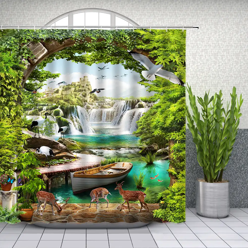 Landscape Shower Curtains Crane Deer White Dove Waterfall Green Plants Boat Bathroom Decor Waterproof Cloth Curtain Set Cheap Shower Curtains Aliexpress