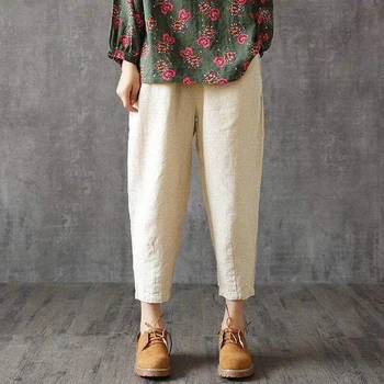 

Vintage Plus Size White Cotton Women Pants Summer Elastic Waist Loose Casual Harem Pants Women's Pocket Cotton Linen Trousers